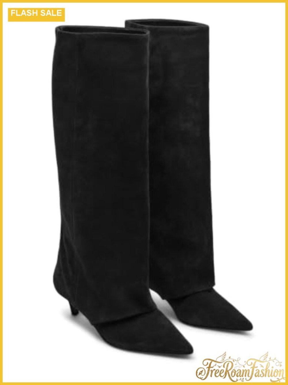 Womens Wide Calf Knee High Boots Pointed Toe Kitten Heel Faux Suede